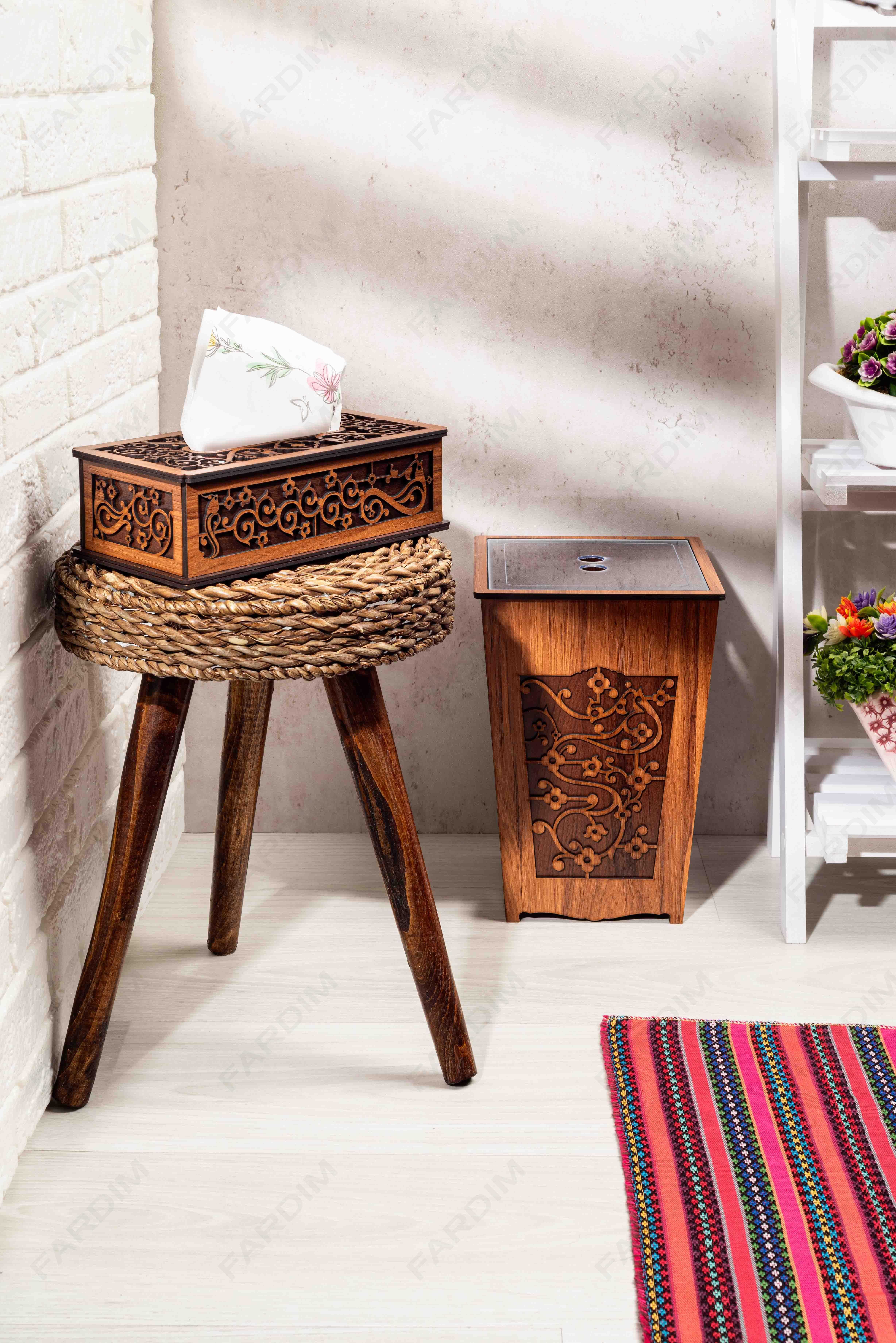 طرح لیزر سطل زباله و جعبه دستمال کاغذی مدل ماهک